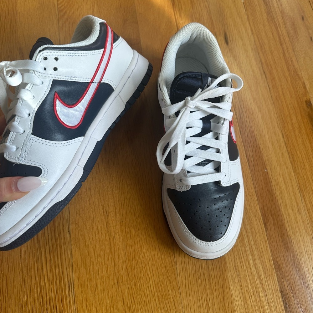 Nike White and Dark blue dunk Sneakers with Red Swoosh - Picture 2 of 7
